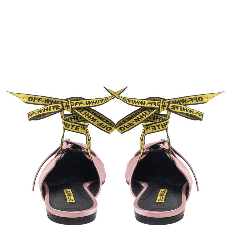 Pre Owned Off-White Pink/Yellow Satin Flat Sandals Size 39