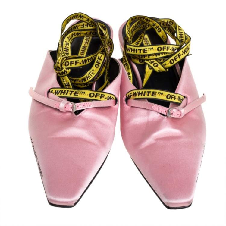 Pre Owned Off-White Pink/Yellow Satin Flat Sandals Size 39