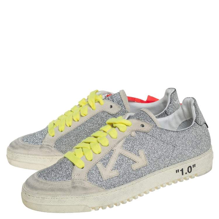 Pre Owned Off-White c/o Virgil Abloh Arrow 2.0 Silver Glitter Leather And Suede Distressed Lace Up Sneakers Size 38