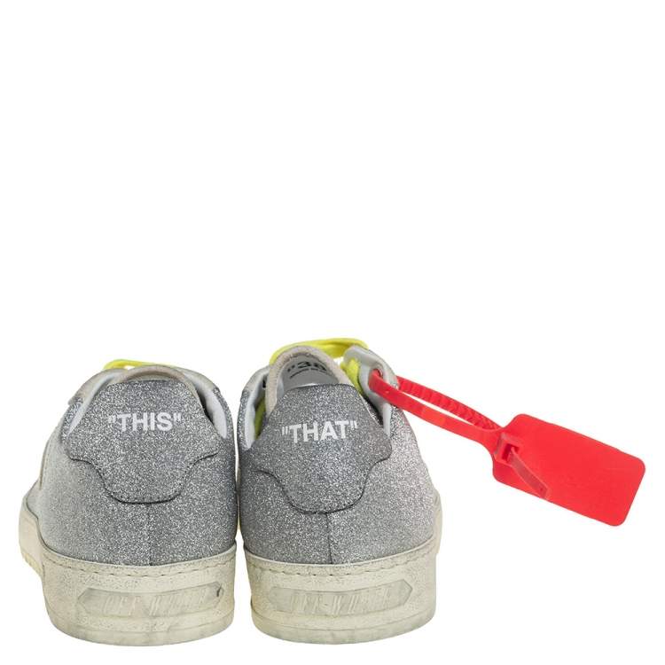 Pre Owned Off-White c/o Virgil Abloh Arrow 2.0 Silver Glitter Leather And Suede Distressed Lace Up Sneakers Size 38