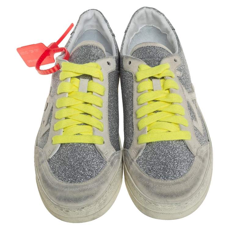 Pre Owned Off-White c/o Virgil Abloh Arrow 2.0 Silver Glitter Leather And Suede Distressed Lace Up Sneakers Size 38