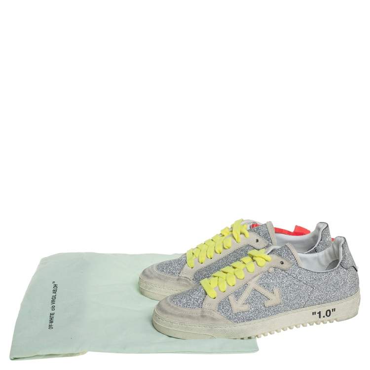 Pre Owned Off-White c/o Virgil Abloh Arrow 2.0 Silver Glitter Leather And Suede Distressed Lace Up Sneakers Size 38