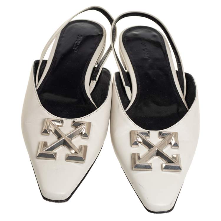 Pre Owned Off-White c/o Virgil Abloh White Leather Slingback Flats Size 38