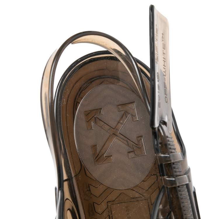 Pre Owned Off-White Transparent Black Jelly Zip Tie Slingback Flat Sandals Size 40