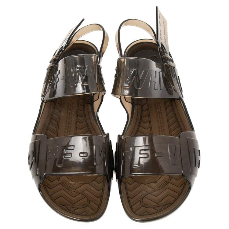 Pre Owned Off-White Transparent Black Jelly Zip Tie Slingback Flat Sandals Size 40