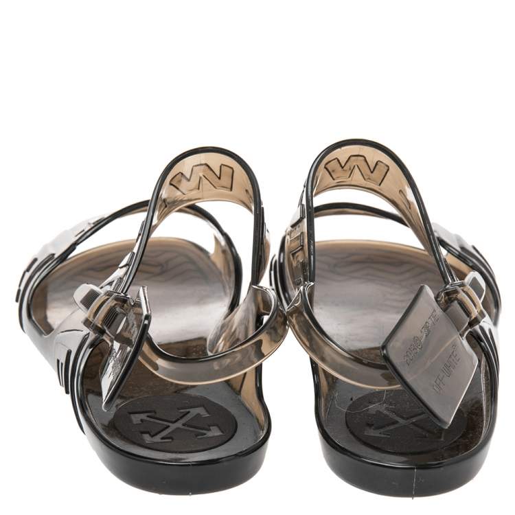 Pre Owned Off-White Transparent Black Jelly Zip Tie Slingback Flat Sandals Size 40