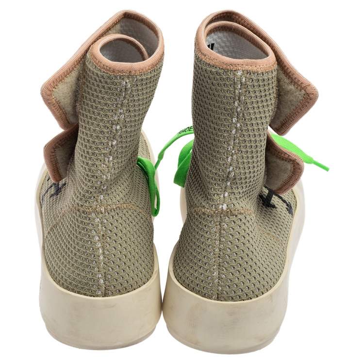 مملوكة مسبقًا Off-White Green Knit Fabric Moto Wrap Sneakers Size 38