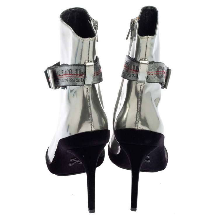 Pre Owned Off White Silver Patent  Pointed Toe Ankle Booties Size 37