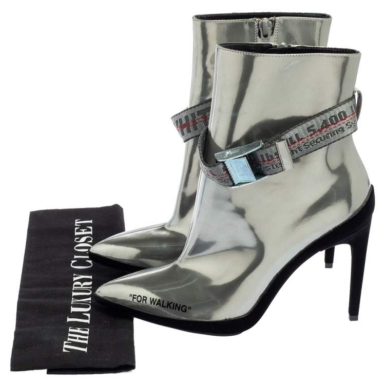 Pre Owned Off White Silver Patent  Pointed Toe Ankle Booties Size 37