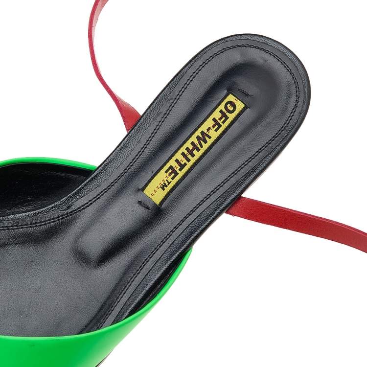Pre Owned Off-White Green/Red Leather Pointed Toe Slingback Flat Sandals Size 38