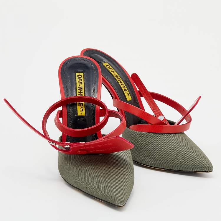 Pre Owned Off-White Green/Red Denim and Leather Zip Tie Ankle Strap Sandals Size 36