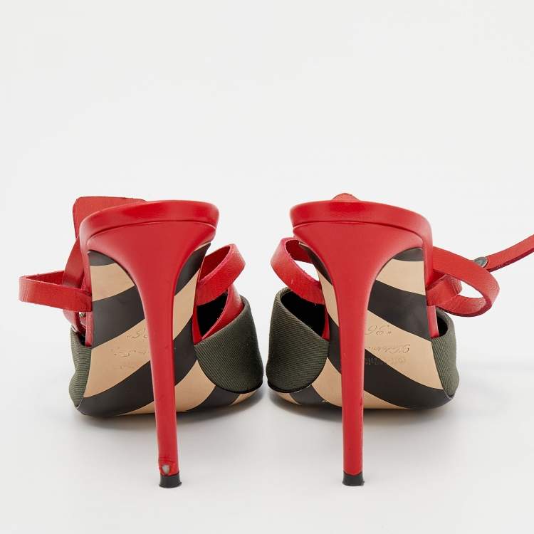 Pre Owned Off-White Green/Red Denim and Leather Zip Tie Ankle Strap Sandals Size 36