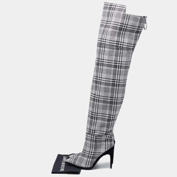 Pre Owned Off-White Black/White Knit Fabric Over the Knee Boots Size 39