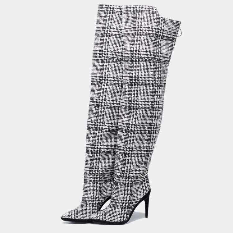 Pre Owned Off-White Black/White Knit Fabric Over the Knee Boots Size 39