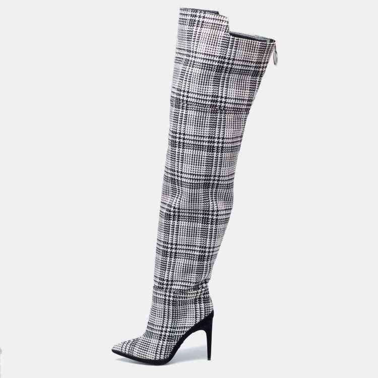 Pre Owned Off-White Black/White Knit Fabric Over the Knee Boots Size 39