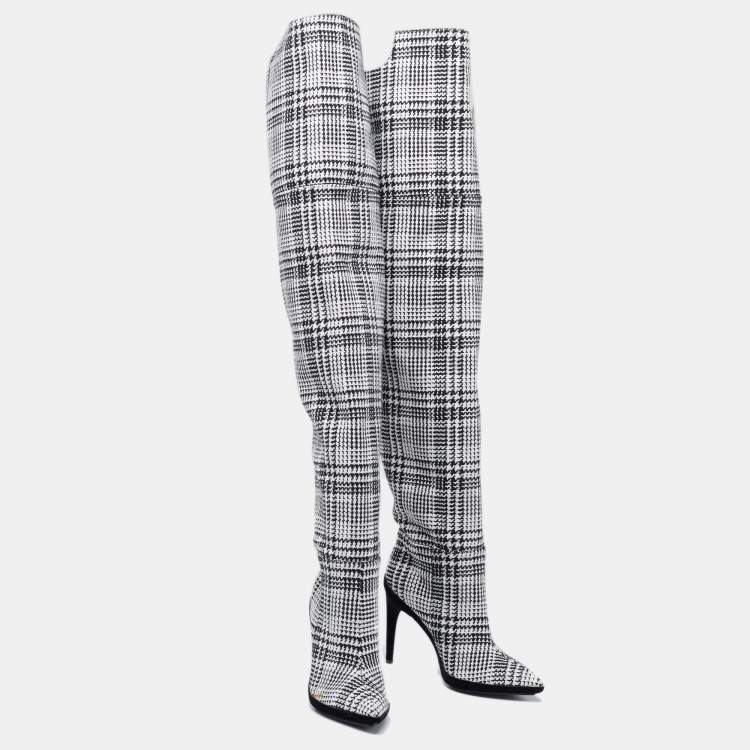 Pre Owned Off-White Black/White Knit Fabric Over the Knee Boots Size 39