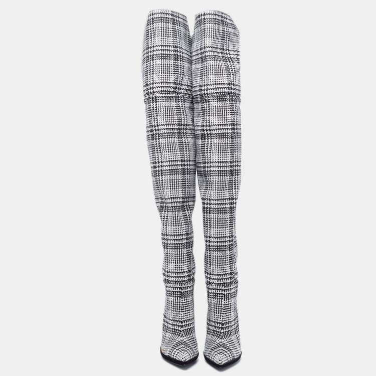 Pre Owned Off-White Black/White Knit Fabric Over the Knee Boots Size 39