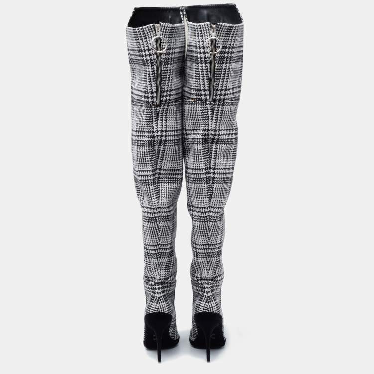 Pre Owned Off-White Black/White Knit Fabric Over the Knee Boots Size 39