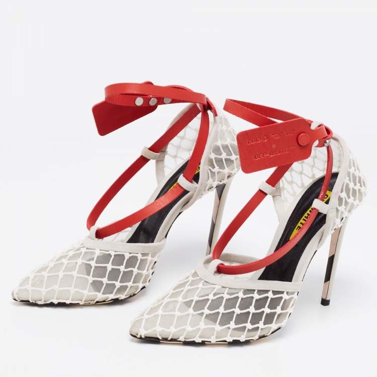 Pre Owned Off-White Tri-Color Mesh, Leather and Suede Zip-Tie D'orsay Pumps Size 39