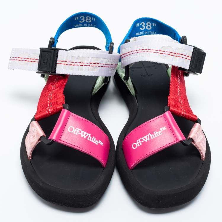 Pre Owned Off-White Multicolor Leather and Canvas Velcro Trek Flat Sandals Size 38