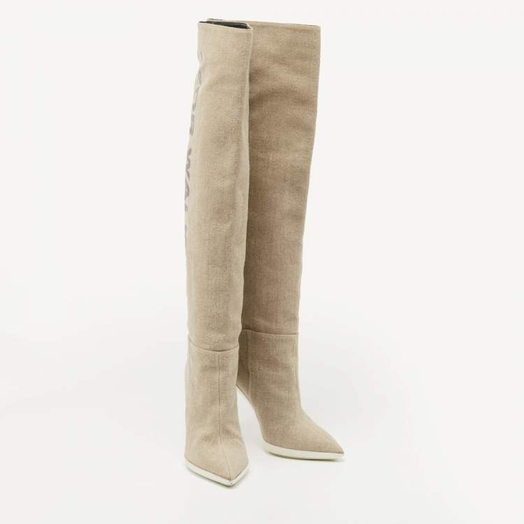 Pre Owned Off-White Beige Canvas For Walking Knee High Boots Size 38