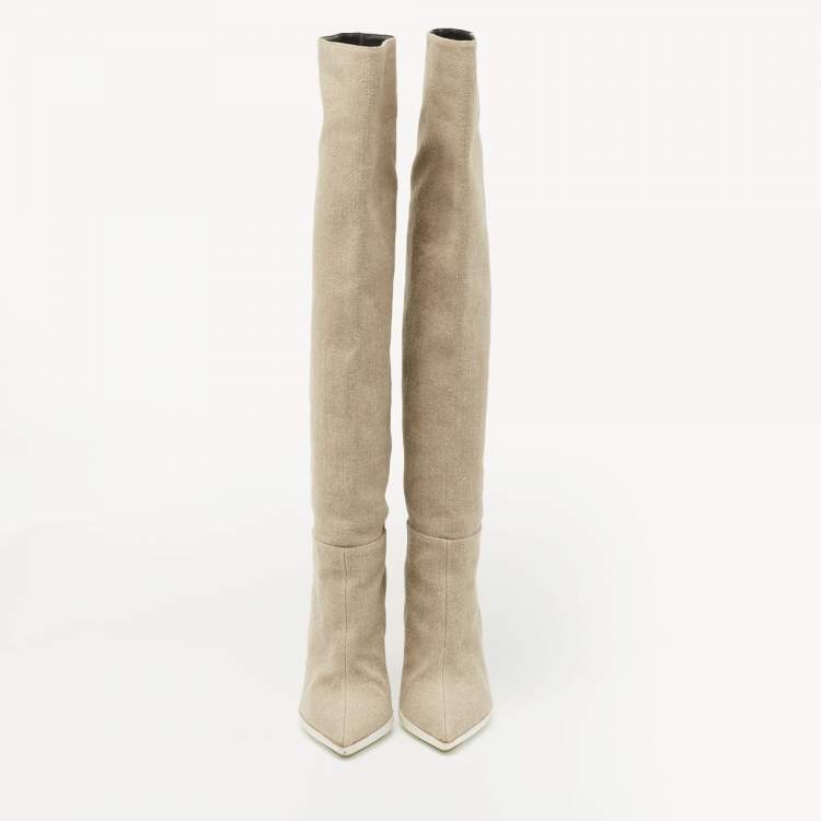 Pre Owned Off-White Beige Canvas For Walking Knee High Boots Size 38