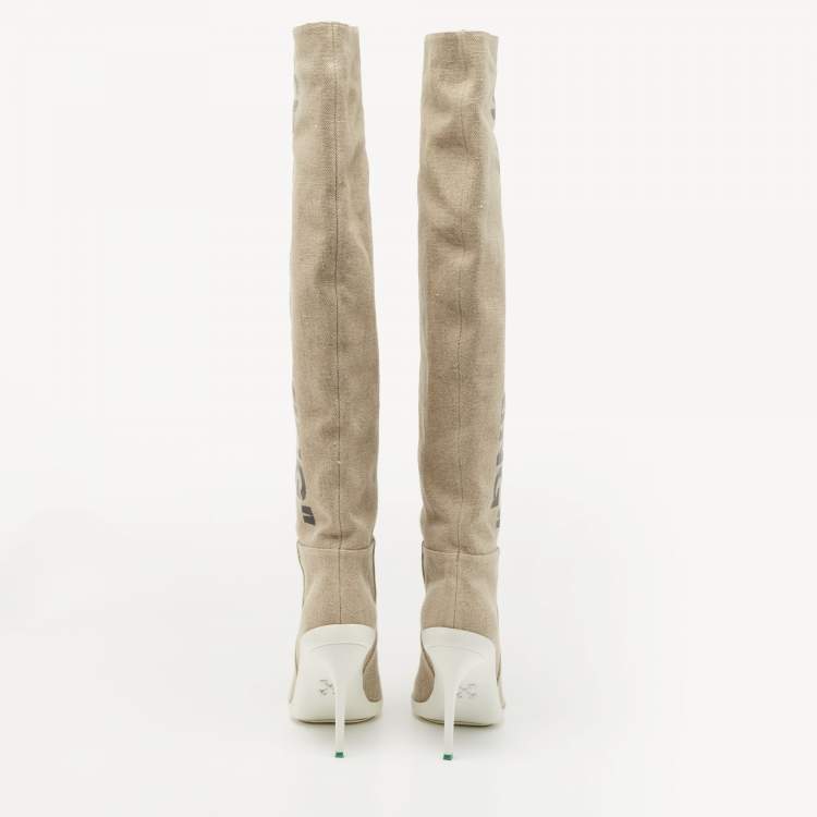 Pre Owned Off-White Beige Canvas For Walking Knee High Boots Size 38