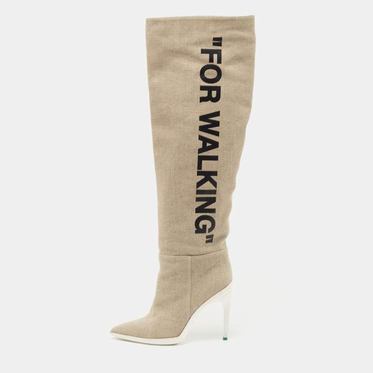 Off White Beige Canvas For Walking Knee High Boots Size 38 Off White TLC