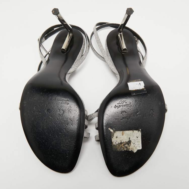 Pre Owned Off-White Metallic Grey Glitter Allen Ankle Strap Sandals Size 40
