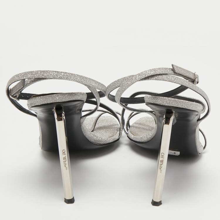 Pre Owned Off-White Metallic Grey Glitter Allen Ankle Strap Sandals Size 40