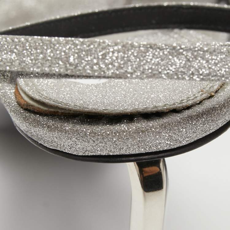 Pre Owned Off-White Metallic Grey Glitter Allen Ankle Strap Sandals Size 40