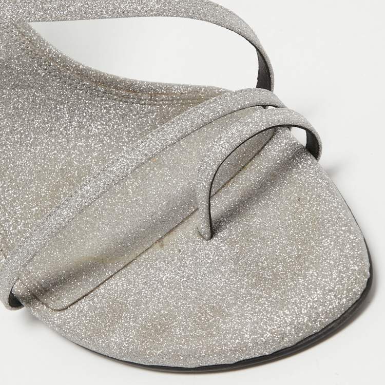 Pre Owned Off-White Metallic Grey Glitter Allen Ankle Strap Sandals Size 40