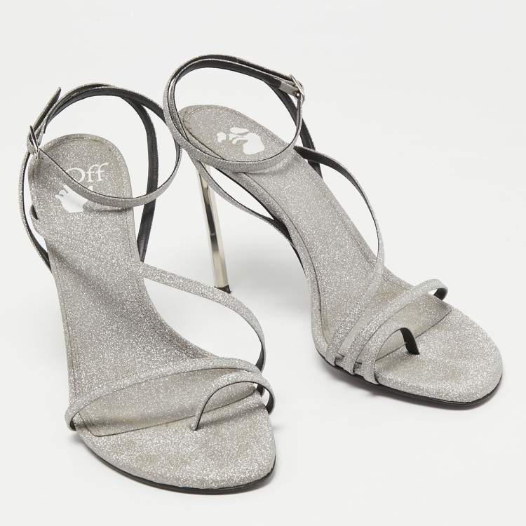 Pre Owned Off-White Metallic Grey Glitter Allen Ankle Strap Sandals Size 40