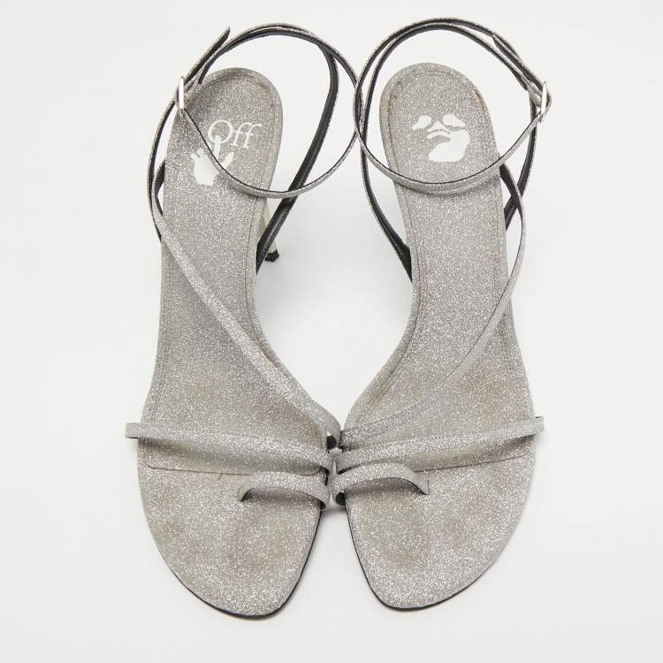 Pre Owned Off-White Metallic Grey Glitter Allen Ankle Strap Sandals Size 40