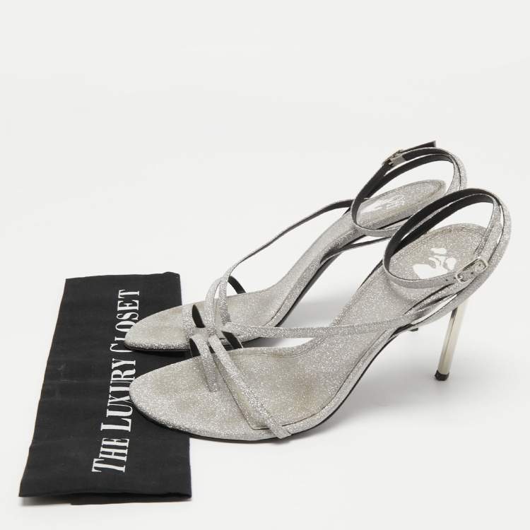 Pre Owned Off-White Metallic Grey Glitter Allen Ankle Strap Sandals Size 40