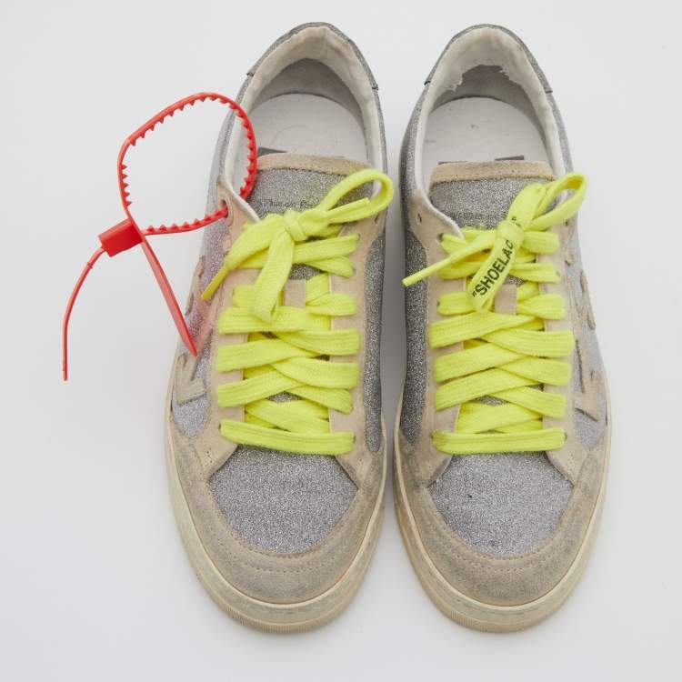 Pre Owned Off-White Metallic Grey/Silver Suede and Glitter Arrow Low Top Sneakers Size 36