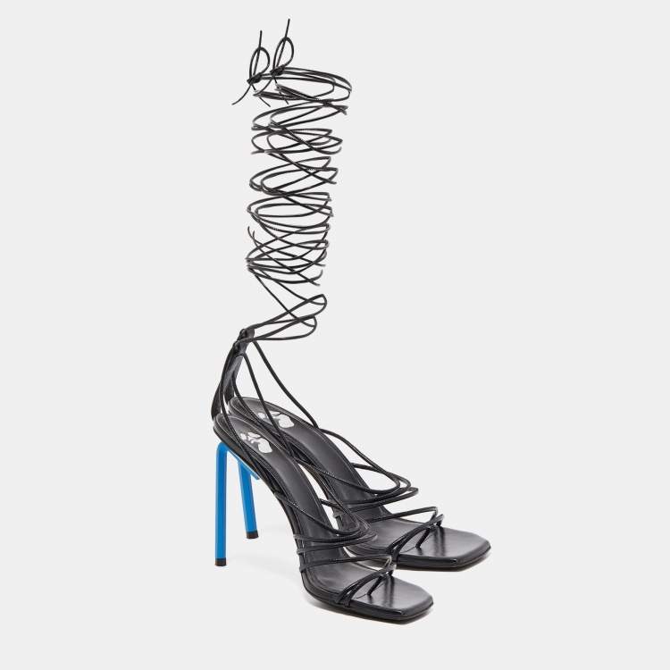 Pre Owned Off-White Black Leather Allen Ankle Wrap Sandals Size 38