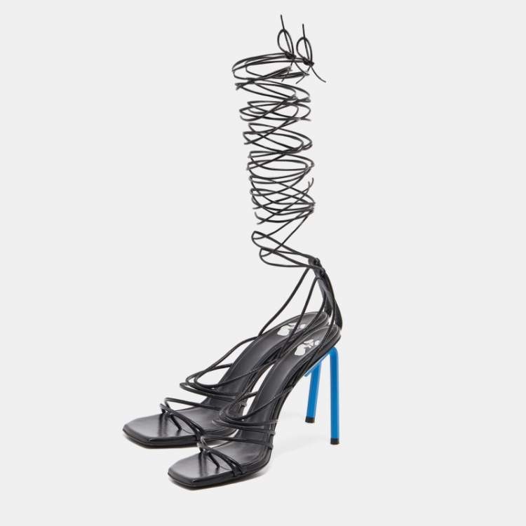 Pre Owned Off-White Black Leather Allen Ankle Wrap Sandals Size 38