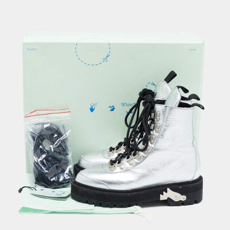 Pre Owned Off-White Silver Leather Lace Up Boots Size 36