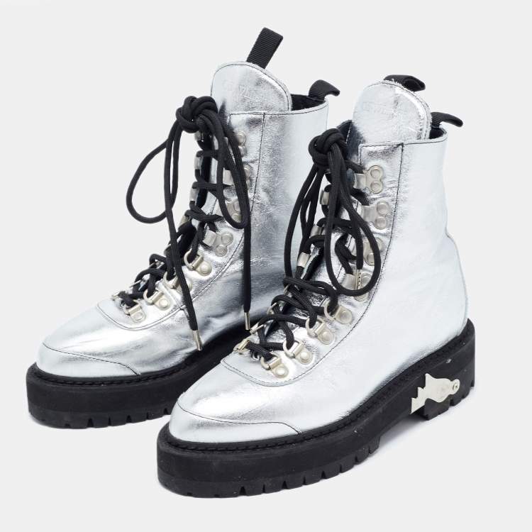 Pre Owned Off-White Silver Leather Lace Up Boots Size 36
