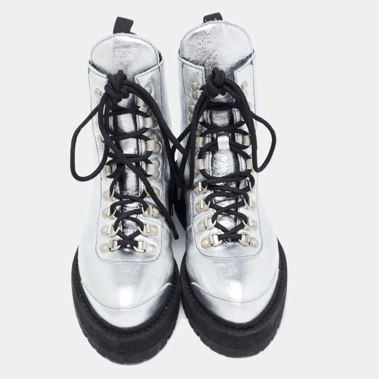 Pre Owned Off-White Silver Leather Lace Up Boots Size 36