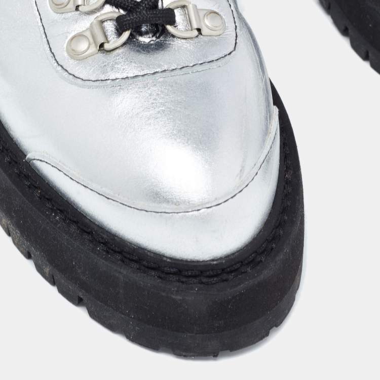 Pre Owned Off-White Silver Leather Lace Up Boots Size 36