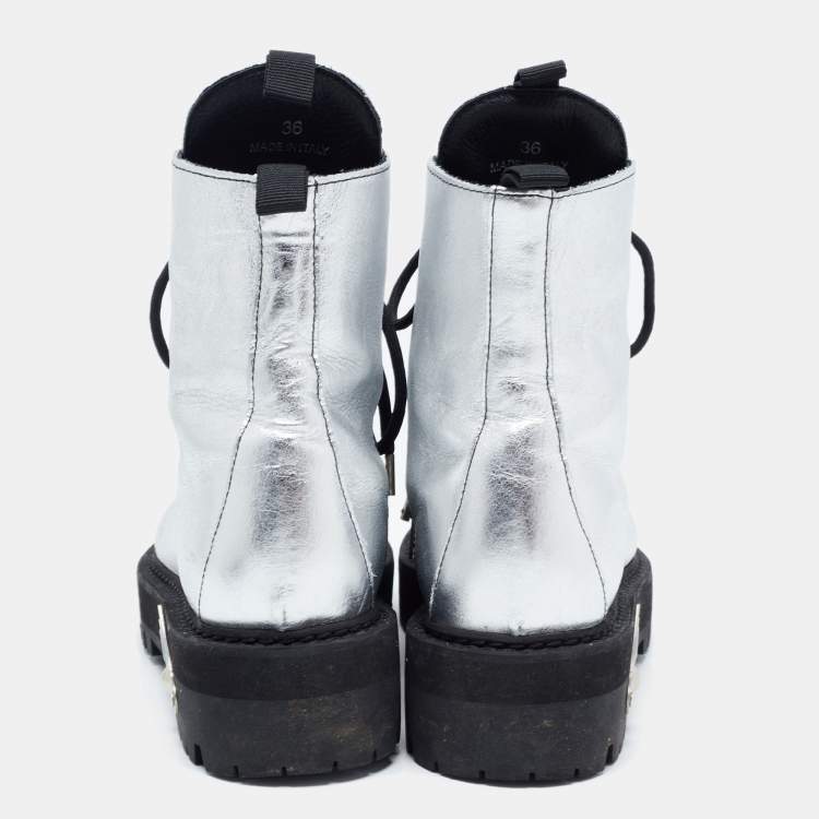 Pre Owned Off-White Silver Leather Lace Up Boots Size 36