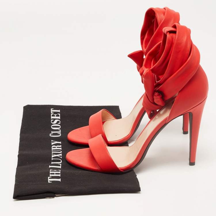 Pre Owned Off-White Red Leather Bow Ankle Tie Sandals Size 39