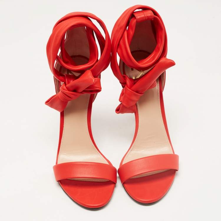 Pre Owned Off-White Red Leather Bow Ankle Tie Sandals Size 39