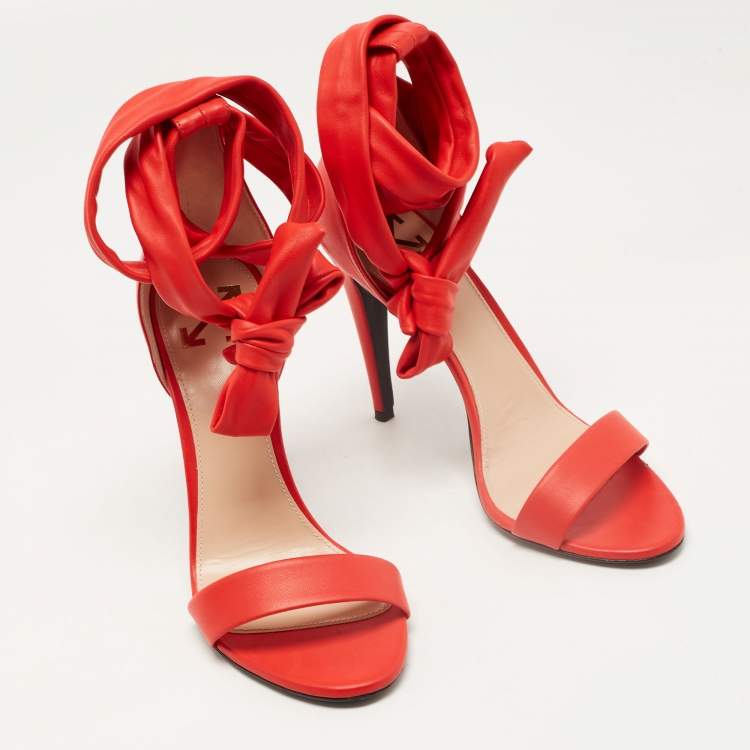 Pre Owned Off-White Red Leather Bow Ankle Tie Sandals Size 39