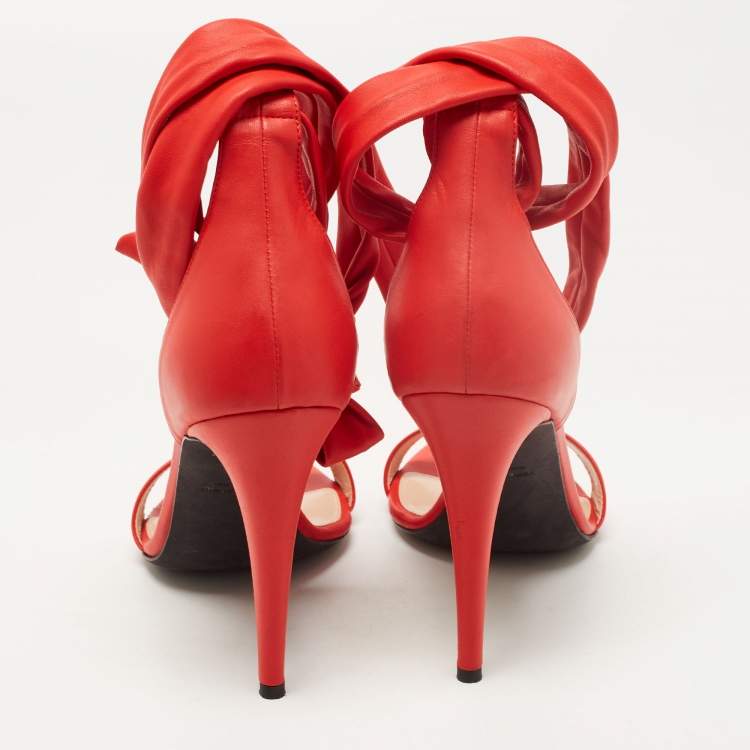Pre Owned Off-White Red Leather Bow Ankle Tie Sandals Size 39