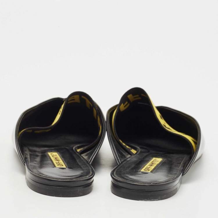 Pre Owned Off-White Black/Yellow Leather and Logo Elastic Flat Mules Size 40