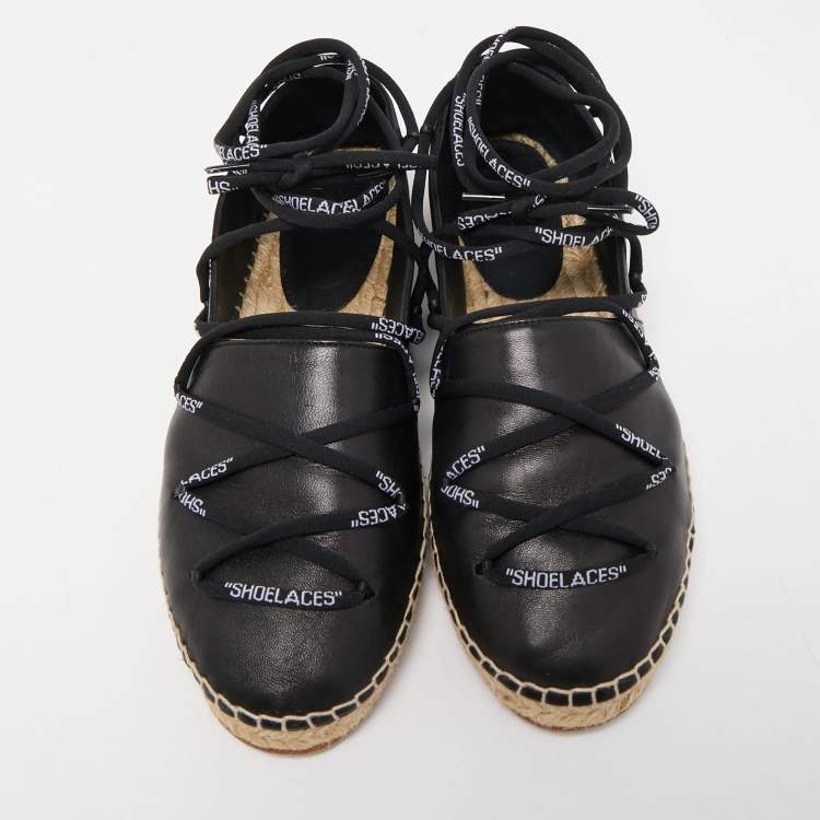 Pre Owned Off-White Black Leather Lace Espadrille Flats Size 40