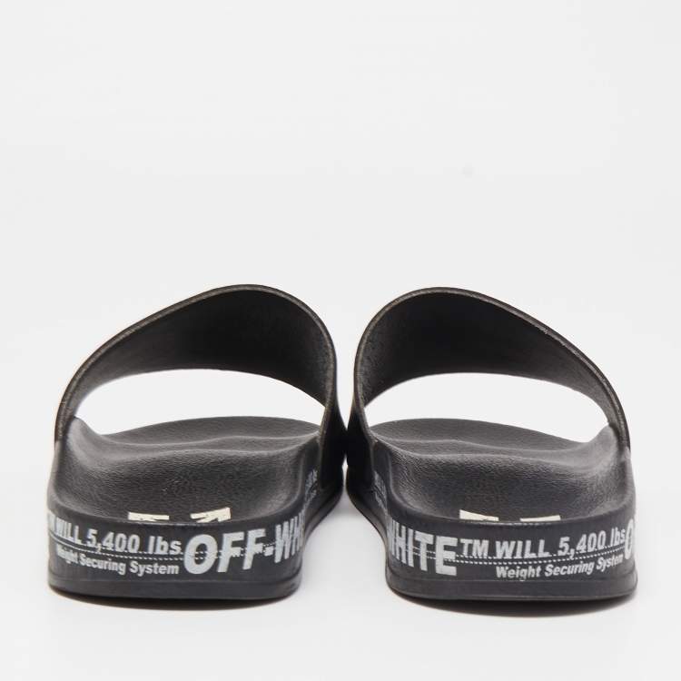 Pre Owned Off-White Black Leather Printed Flat Slides Size 40